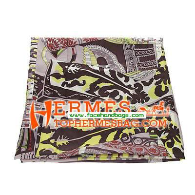 Hermes 100% Silk Square Scarf Coffee HESISS 130 x 130 - Click Image to Close